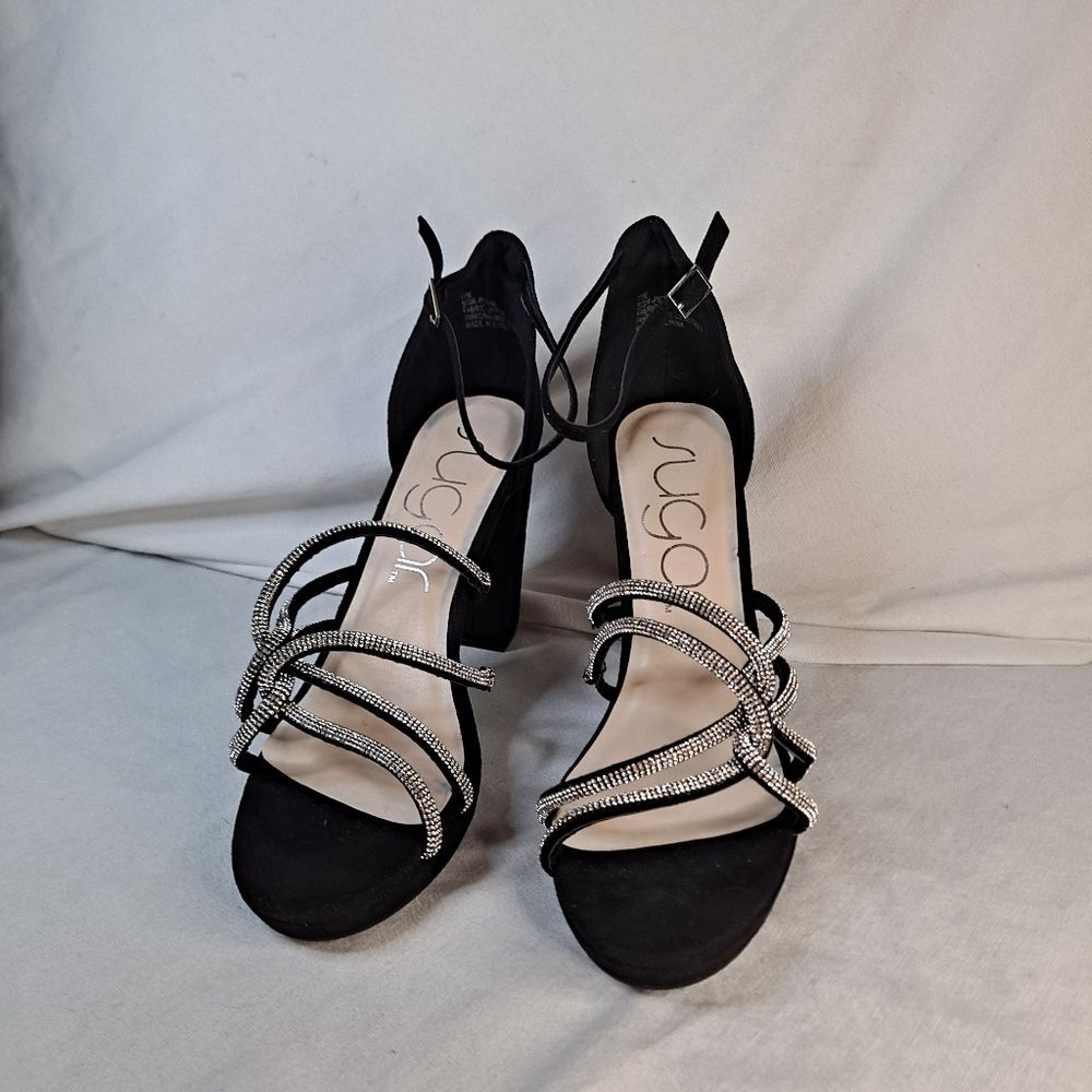 Sugar Petal Women's Dress Sandals Size 11M Black Faux Suede Strappy Jeweled